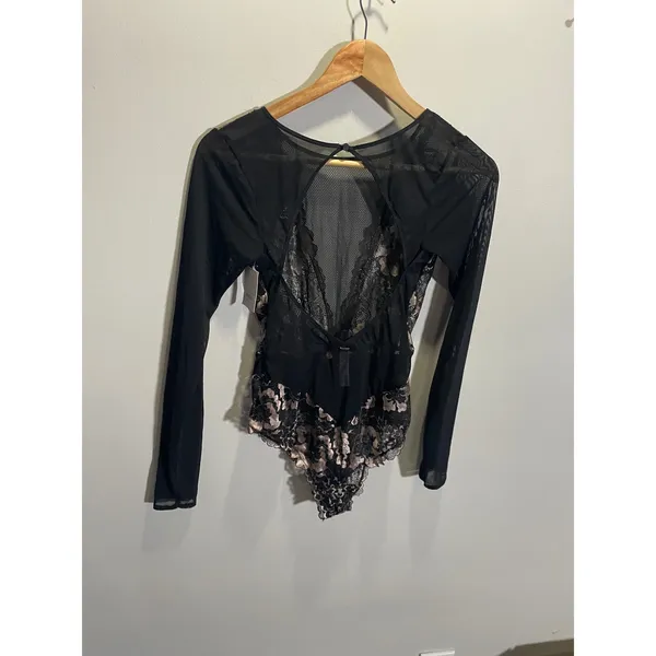 Auden Bodysuit Women Medium Black Floral Lace Mesh Long Sleeve‎ Sexy Lingerie - Image 3
