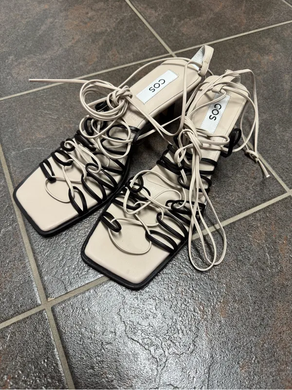 COS Lace Up Strappy Square Toe Sandals Leather Heels Black Cream US 10 EU 41 - Image 11