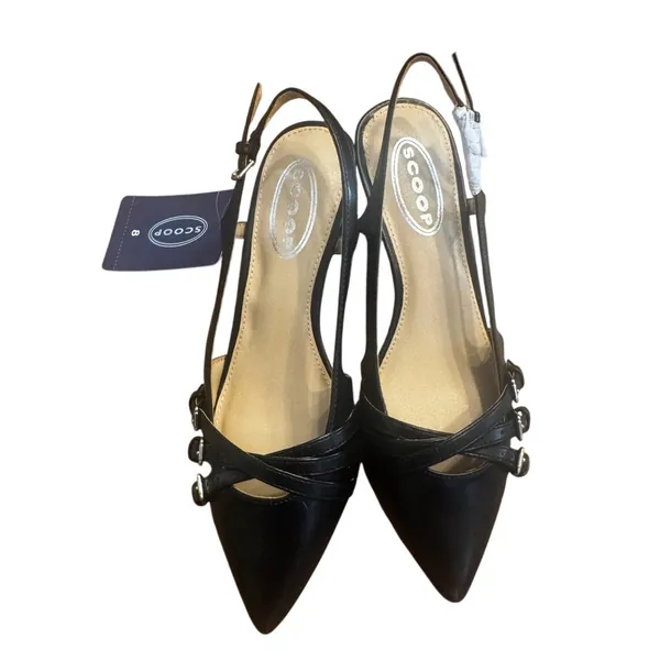 NWT Scoop Black Pointed Toe Slingback Kitten Heels Women's Size 8 Triple Buckle - Image 2