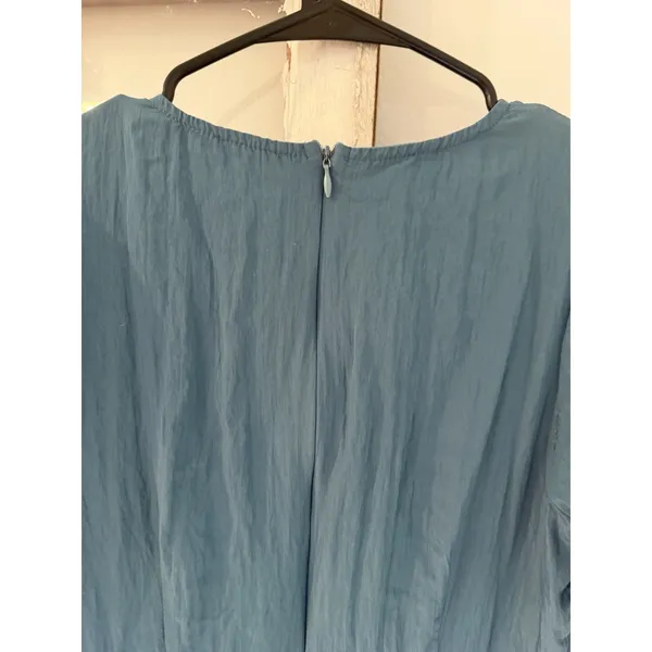 böhme Blue Solid V-Neck Wrap Midi Dress Puff Sleeve Tie Waist Lined Size XS - Image 5