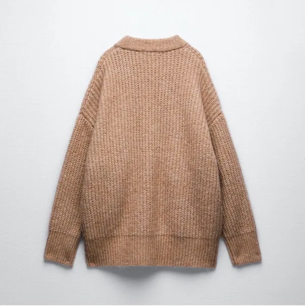 ZARA Patch Pocket Knit Oversized Cardigan Jacket Sweater Outerwear Tan Brown - Image 7