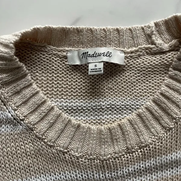 Madewell Linen Drop-Shoulder Sweater Heather Oat Multi Stripe Size Small Coastal - Image 3