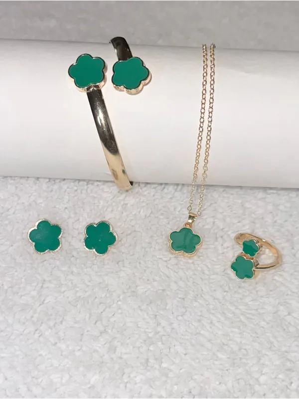 4pc green Clover Jewelry Set - Green Enamel Necklace, Bracelet, Ring & Earrings - Image 2