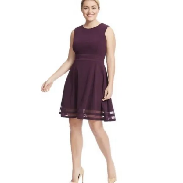 NWT Calvin Klein Purple Mesh Illusion Hem‎ Fit Flare Stretch Sleeveless Dress 6 - Image 2