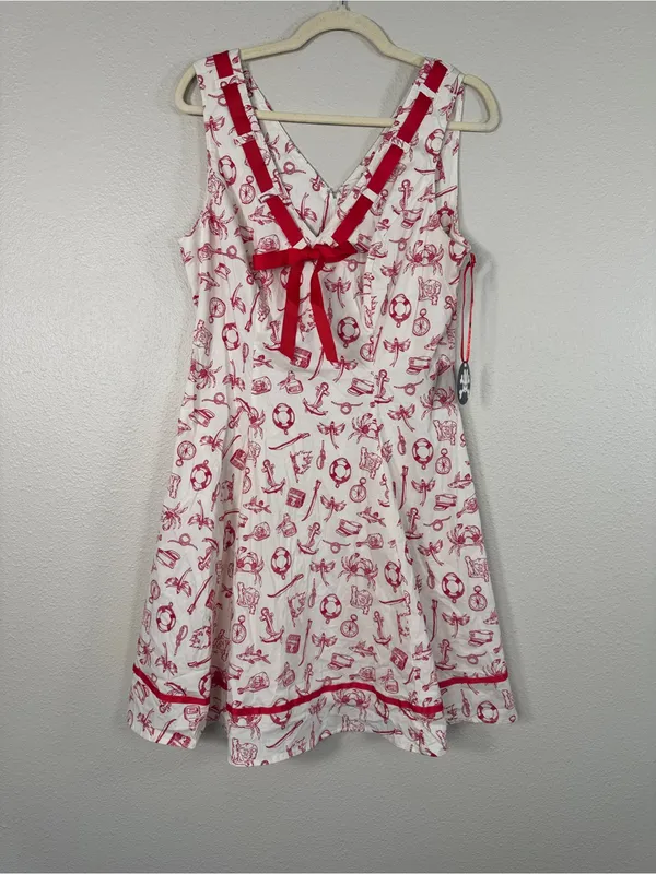 Hell Bunny Red White Nautical Print Fit & Flare Dress Womens XL Rockabilly NWT - Image 12