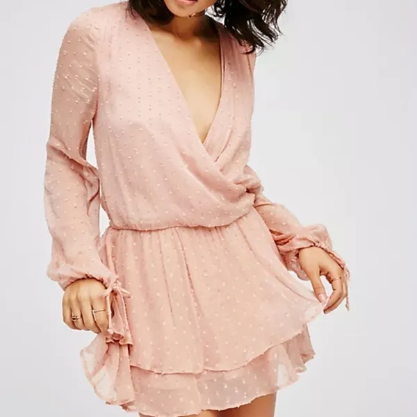 Free‎ People Long Sleeve Daliah Mini Dress in Peach Size Extra Small - Image 4
