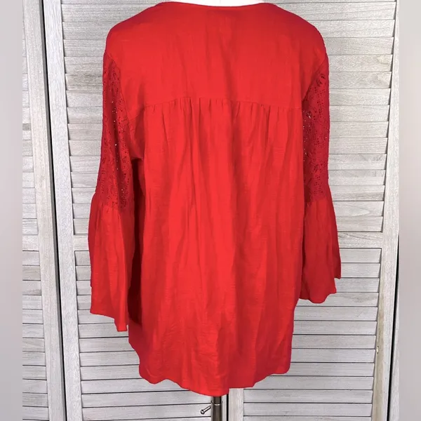 KNOX ROSE Tie Bottom Blouse w Lace Trim and Bell Sleeves Red-XL - Image 4