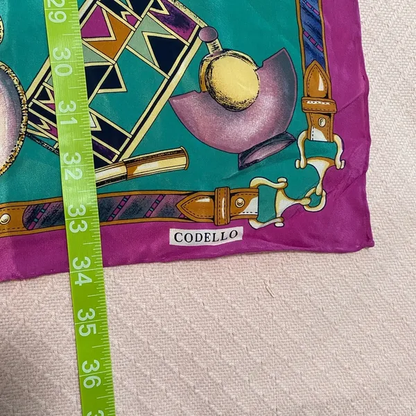 Vintage 100% silk scarf by Cordello. Motif features items from a vanity table. - Image 6