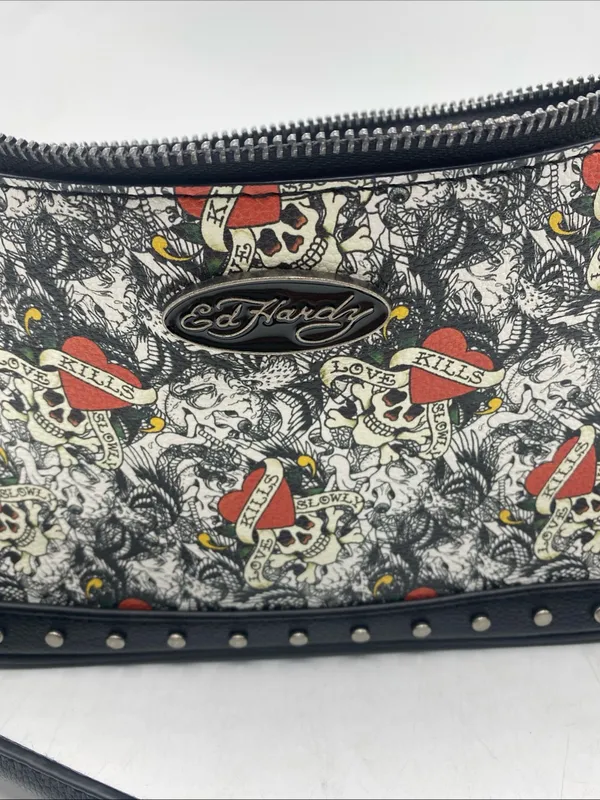 Ed Hardy Shoulder Bag Black Love Kills Slowly Studded Purse Grunge Goth Chains - Image 2