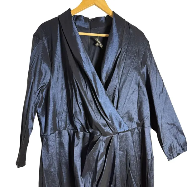 Marina Plus Size Navy Taffeta Surplice V-Neck 3/4 Sleeve Faux Wrap Dress 2X - Image 4