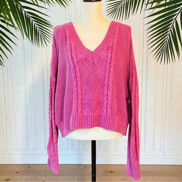 POL Medium Hot Pink Cable Knit V-Neck Sweater – Flamingo Vintage Washed Look - Image 2