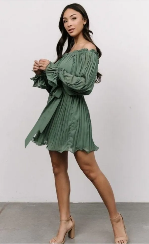 NEW Baltic Born Aubrey Off the Shoulder Pleated Mini Dress Green Large L NWT - Image 2