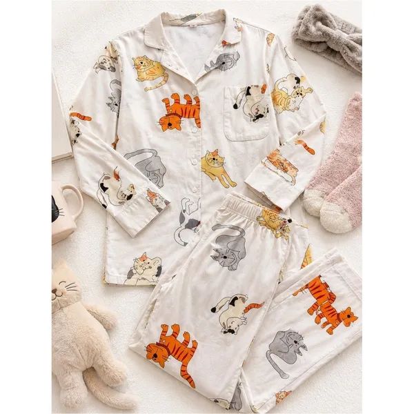 Aegean Apparel Cat Print 100% Cotton Pajama Set White Womens Medium EUC - Image 2