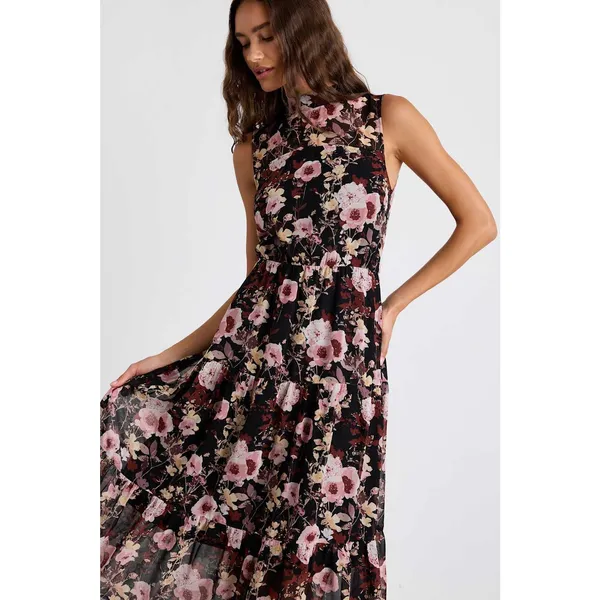 Lulus In My Dreams Black and Pink Floral Print Midi Dress Tiered Resort Small - Image 6