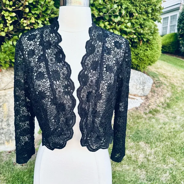 R & M Richards Scalloped Sequin Lace Black Bolero - Image 6