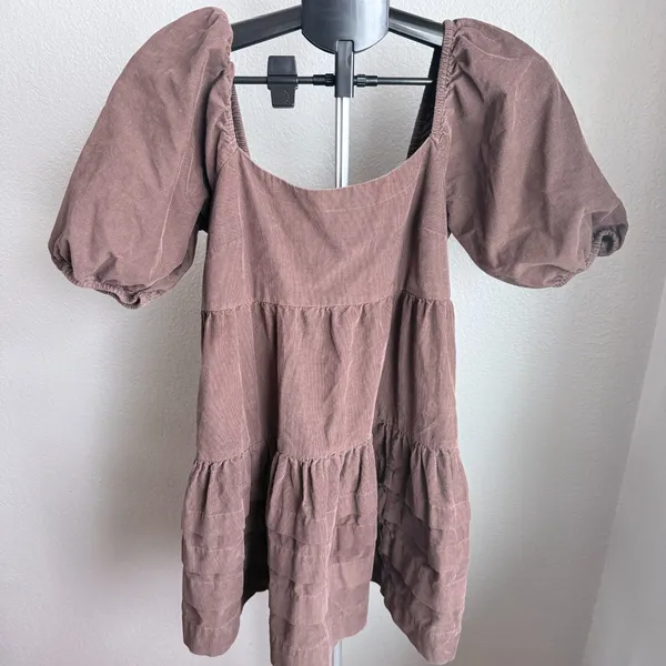 American Eagle AEO Brown Corduroy Baby Doll Tiered Mini Dress Puff Sleeves M - Image 2