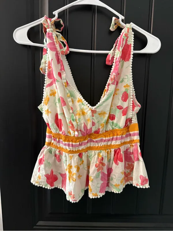 Francesca's Floral Tie-Shoulder Peplum Tank S - Pink & Cream - Image 5