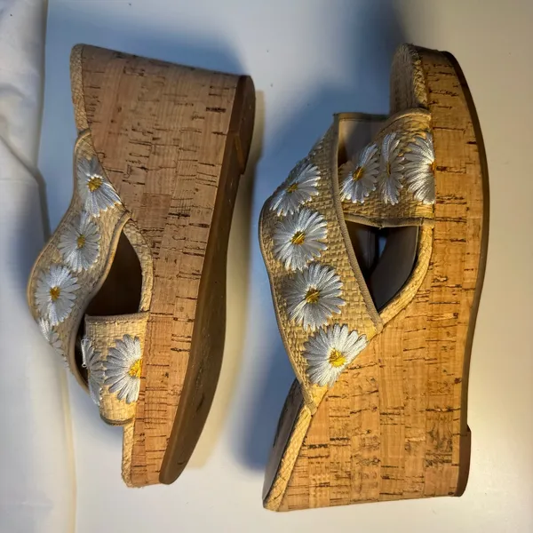 Womens Jessica Simpson Size 6.5 EU 37 Tan Cork Daisy Wedges Slip On JS-Seena A2 - Image 8