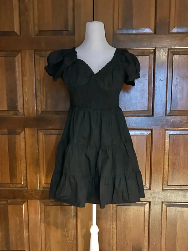 Princess Polly Black Mini Dress Size 10 Milkmaid Smocked Puff‎ Sleeve Tiered - Image 2