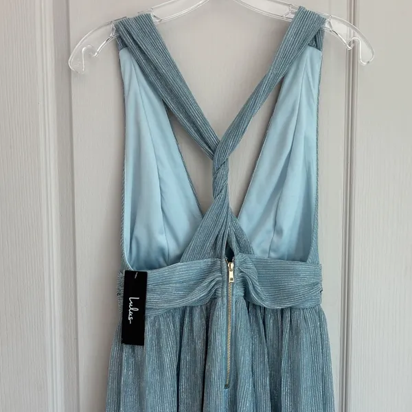 Lulus Light Blue Metallic Pleated Mini Dress V-Neck Open Back‎ 17D1756 Womens S - Image 13