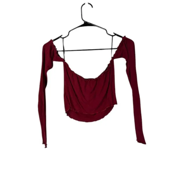 Forever 21 Red Ribbed Off the Shoulder Long Sleeve Cropped Top Women Sz S - Image 2