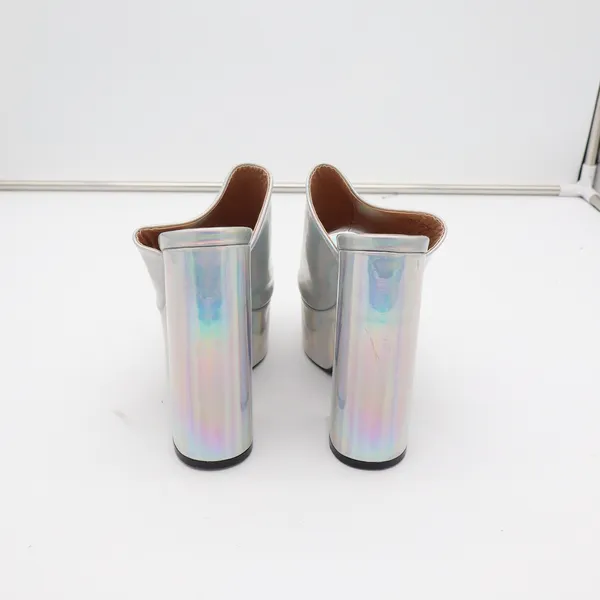 NYLA Silver Holographic Platform Mules Chunky Block Heel Open Toe Size 7 - Image 5