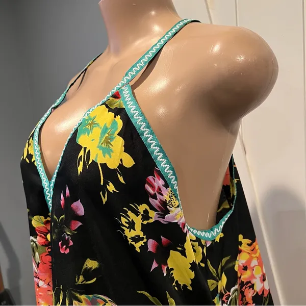 Floral sheer swim coverup Maxi Dress w/embroidery Trim size L high side slits - Image 6