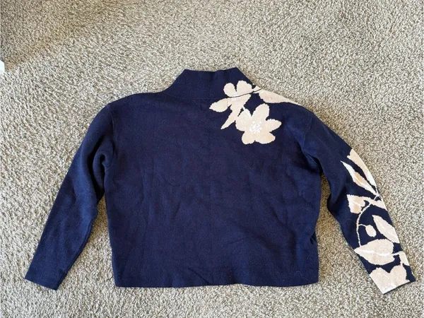 Maeve Floral Mock-Neck Women's Sweater in Navy and Cream - Image 3