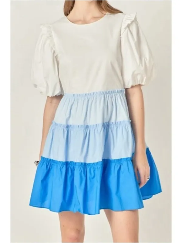 English Factory Colorblock Tiered Ruffled Mini Dress M Blue White Ombre Ruffle - Image 2