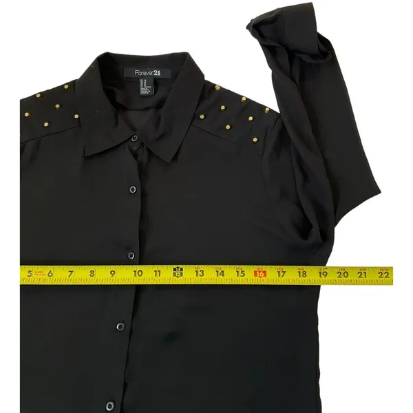 Forever 21 Women Size Medium Button Up Shirt Studded Lightweight Black #14-85E - Image 6