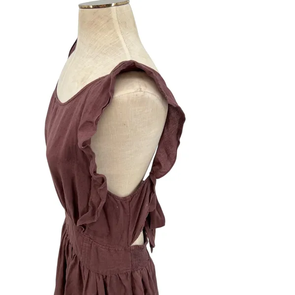 Free People Erin Ruffled Mini Dress Cut Out Back Linen Brown Size Large - Image 8