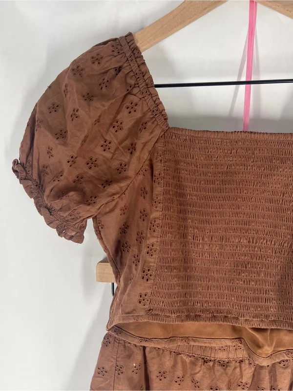 Hollister Brown Eyelet Puff Sleeve Crop Top & Ruffle Mini Skirt Set S/XS - Image 7