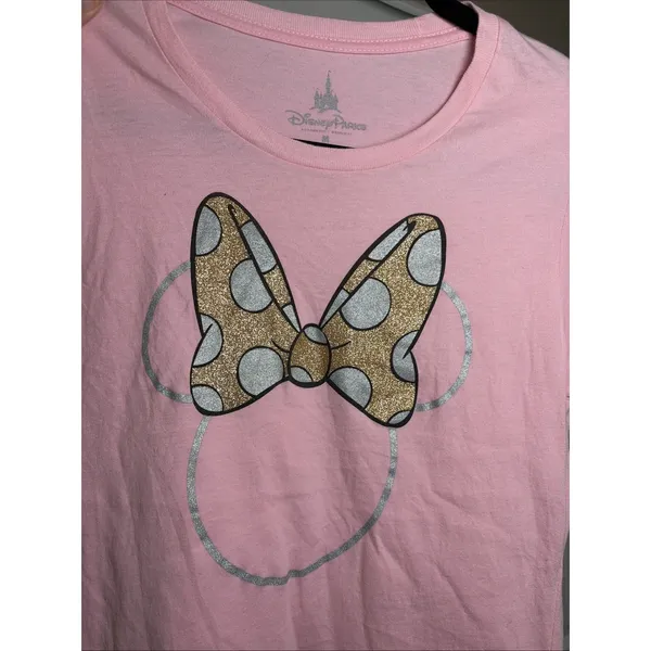 Disney Parks Minnie Mouse Graphic T Shirt Womens Size M Pink Glitter Bow Cotton - Image 3
