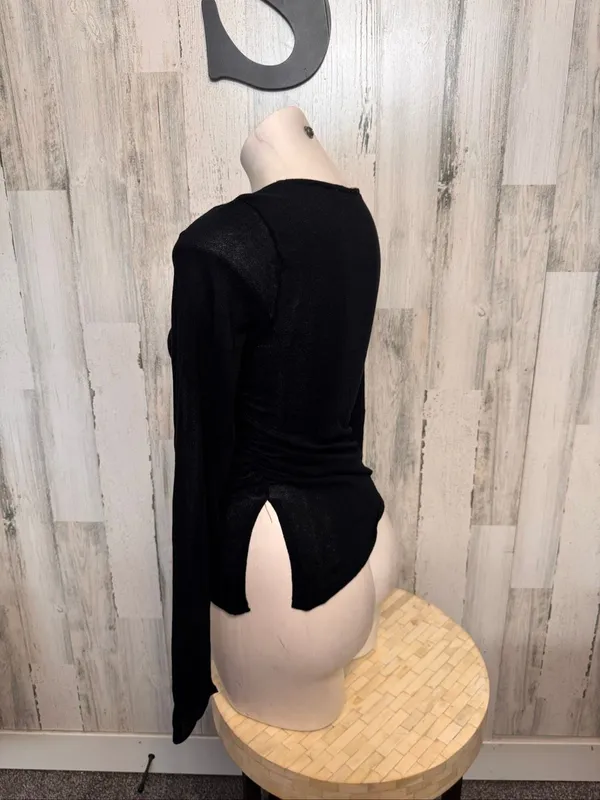ZARA Asymmetric Cutout Ruched Long Sleeve Top Womens S Black Shimmer Sheer - Image 3