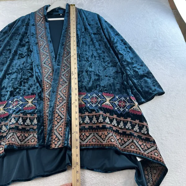 Boho Large L Crushed Velvet Kimono Embroidered Teal Open Front ANDREE By Unit - Image 11