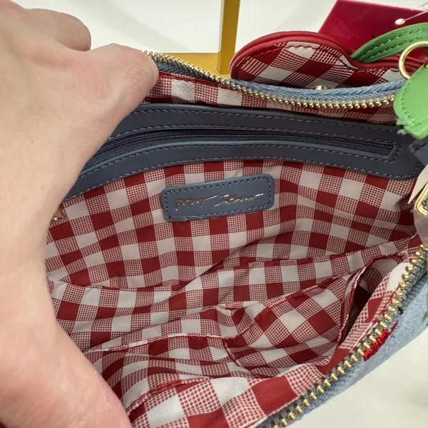Betsey Johnson Denim Cherry Embroidered Heart Charm Gingham Shoulder Bag NWT - Image 7