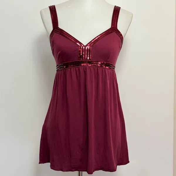Express Camisole Medium Burgundy Sequin Empire Waist Babydoll Tank Top - Image 2