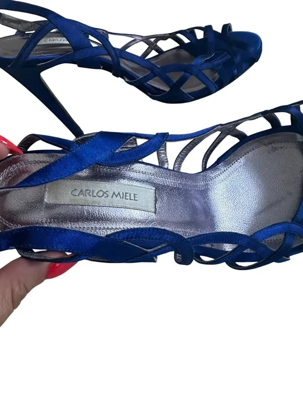 Carlos Miele Womens Strappy Royal Blue Satin Open-Toe Heels Size 38 - Image 6