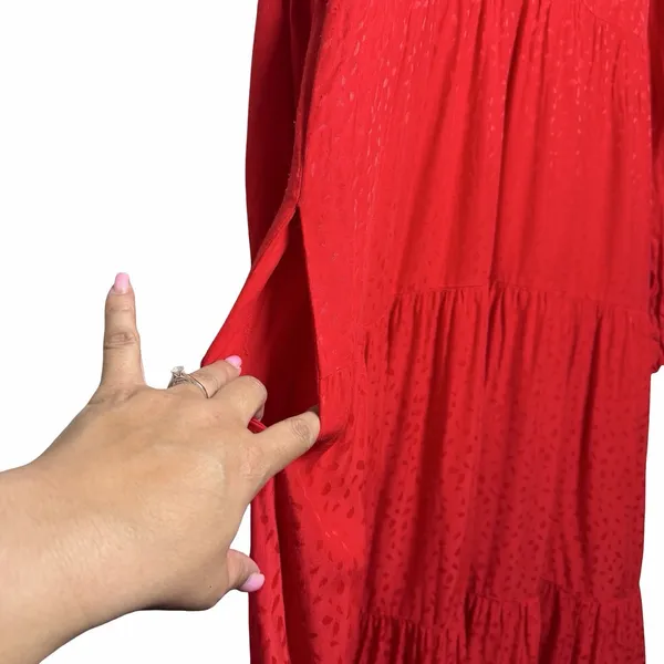 Anthropologie Maeve Wendy Tiered Maxi Dress Red Jacquard Tie Neck‎ Large Cottage - Image 14