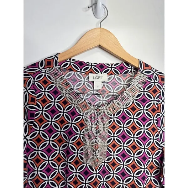 Ann Taylor Loft Beaded Geometric Print Top Purple‎ Orange Long Sleeve Blouse M - Image 7