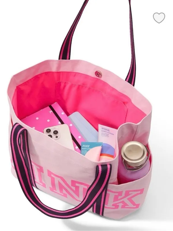 Victoria's Secret PINK Tote Bag Light Pink with Navy Stripped Handles NWT - Image 4