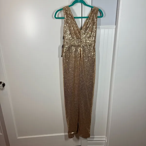 NWT Renz Ragz Bridal Metallic Sequin Gold Wrap Neckline Maxi Gown‎ Size 4 formal - Image 3