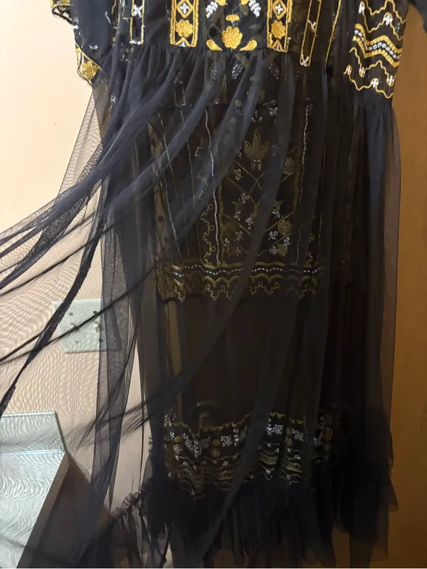 Free People black & gold floral embroidered tulle overlay midi dress - Image 7
