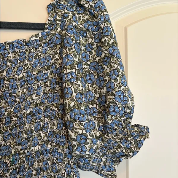 Max Studio Floral Smocked Prairie Cottage Dress with Blue Green and White - Image 3