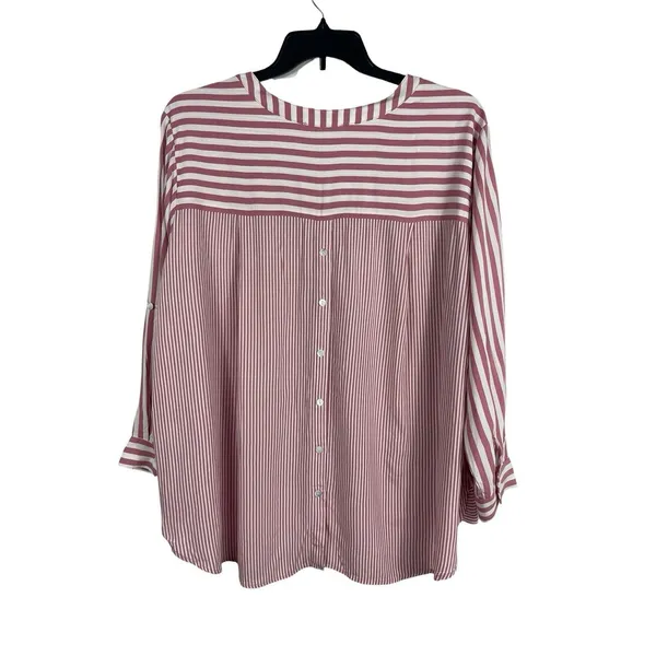 Jane & Delancey Womens 2X Pink White Striped Rayon Blouse Roll Tab High Low Top - Image 6