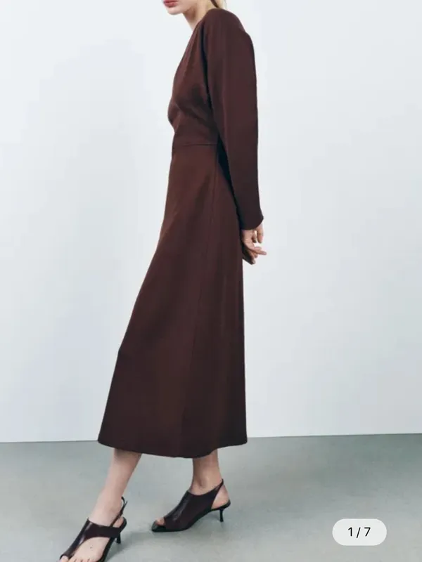 Zara Brown V-Neck Long Sleeve Maxi Dress - Image 6