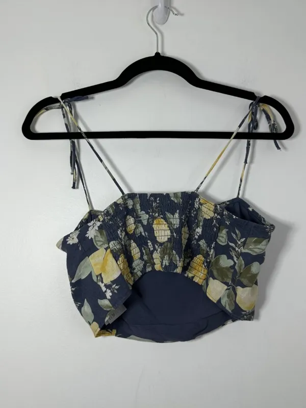Abercrombie & Fitch Size Medium Blue Linen-Blend Crop Top Lemon Print Boho - Image 4