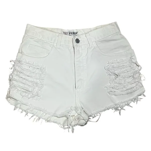 Vintage GUESS Women's White High-Waisted Cut-Off Denim Shorts Standard Size 12 - Image 4