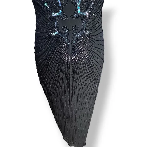 Vintage Black Beaded Sequin Evening Gown Maxi Dress Art Deco Formal Glam Elegant - Image 9