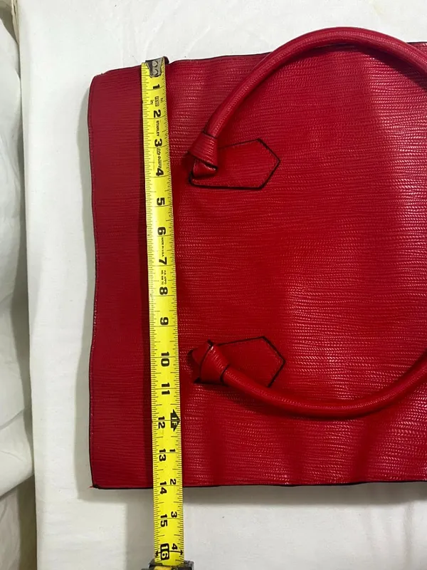 Red Textured Faux Leather Tote Handbag Structured Top Handle Purse Medium Size - Image 2